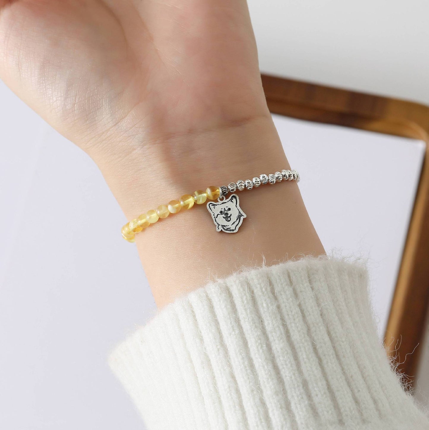 Custom Pet Portrait Silver and Yellow Crystal Bracelet