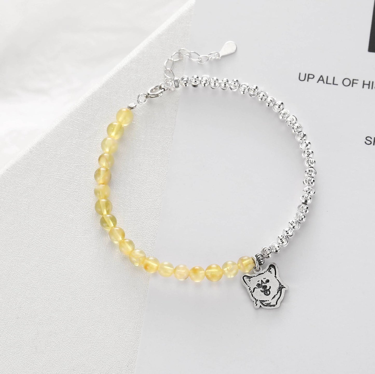 Custom Pet Portrait Silver and Yellow Crystal Bracelet